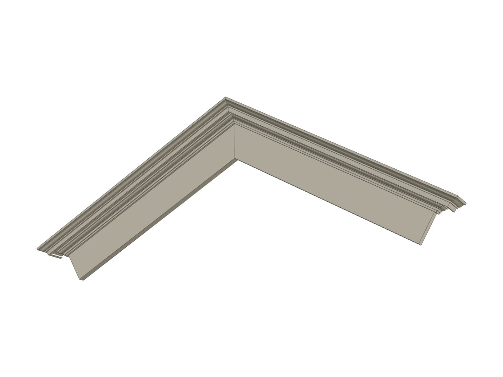 Raking exterior pediment moulding with a mitred apex and return stop ends, shown on a white background