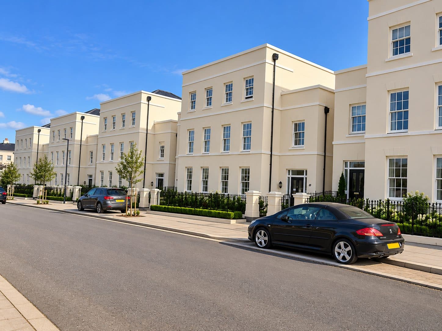 Street of cream rendered townhouses with classical mouldings