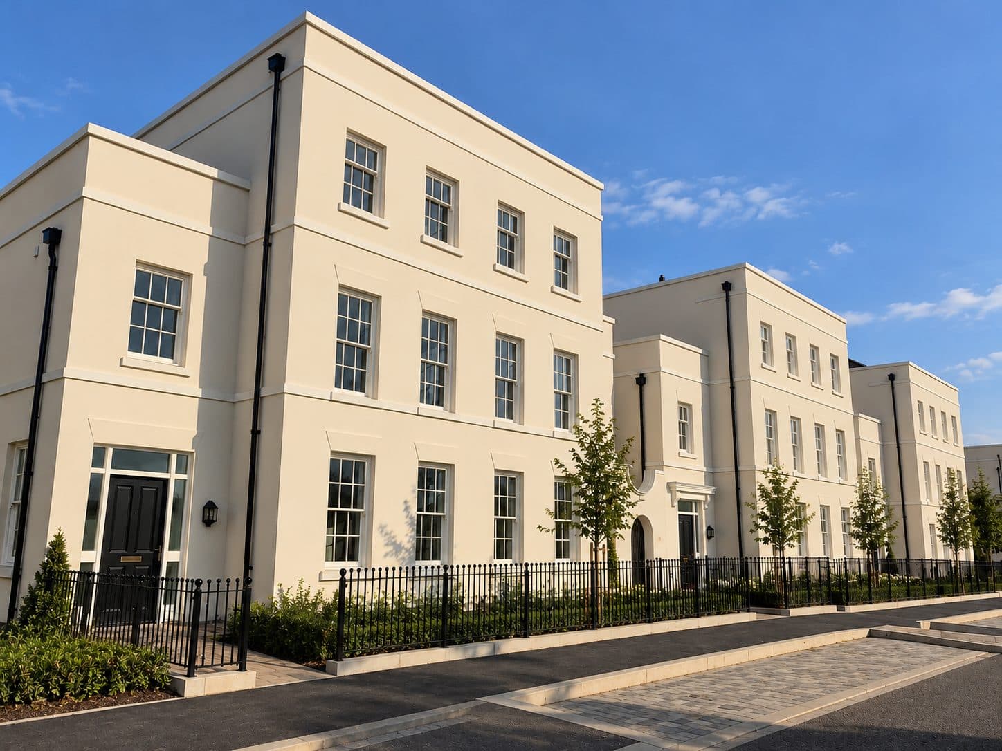 Terrace of cream rendered townhouses with string bands and window surrounds