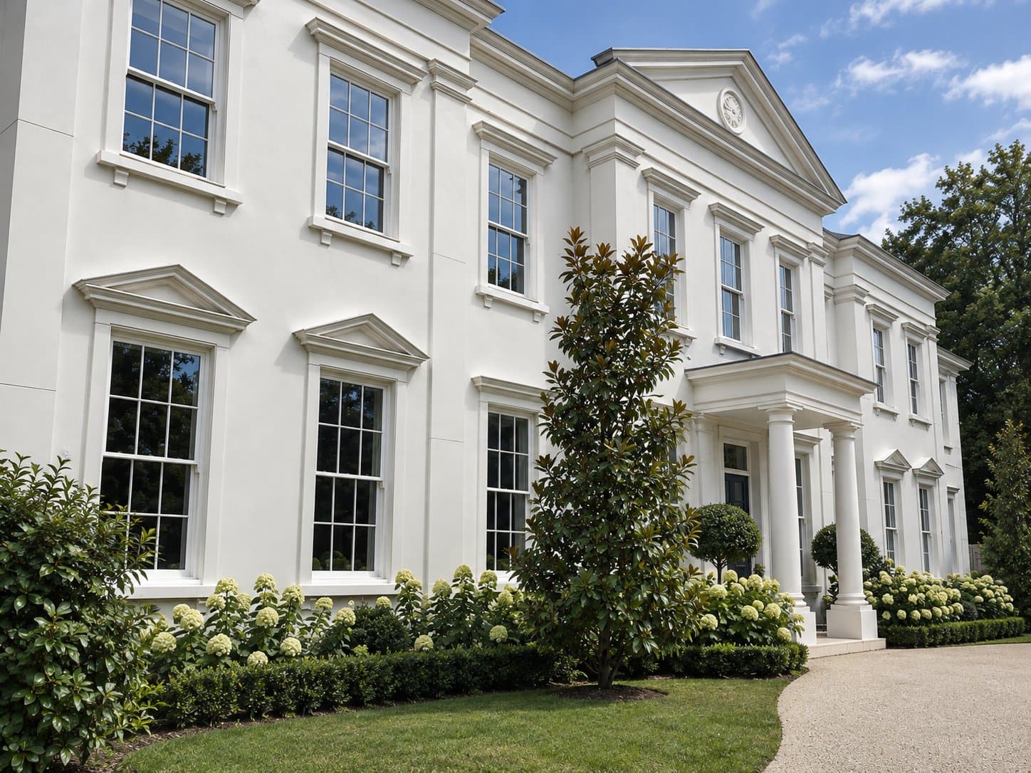White rendered classical house with painted finish, window surrounds, pediments and portico