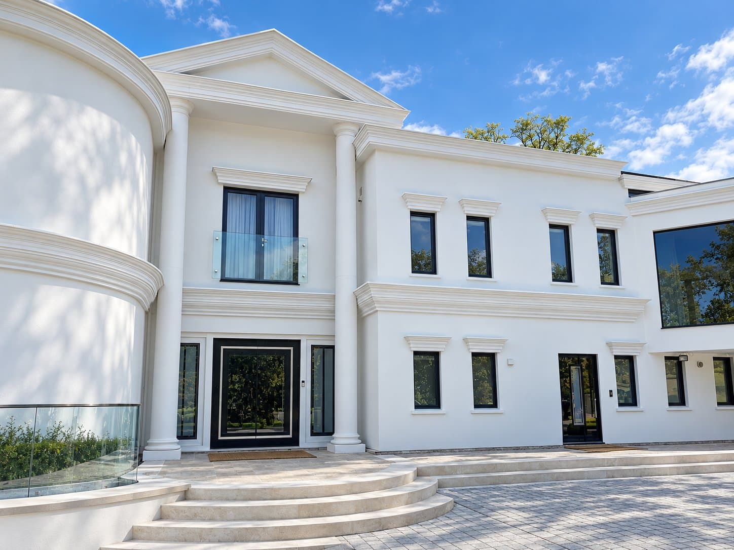 Front entrance with a pediment, two full-height columns, a string band, window heads and cills.