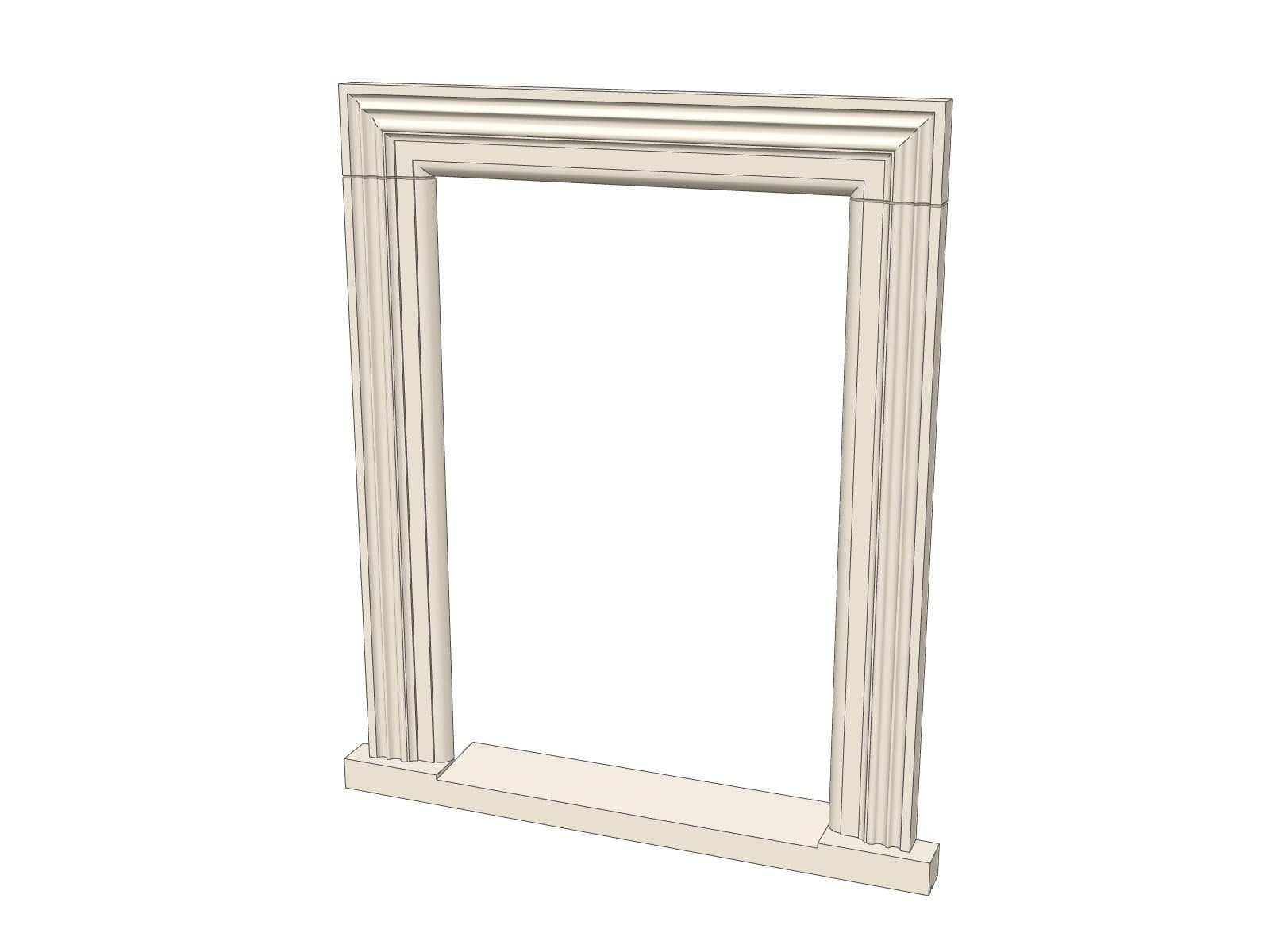 Exterior window surround moulding with a one-piece header and two jambs standing on a cill, shown on a white background
